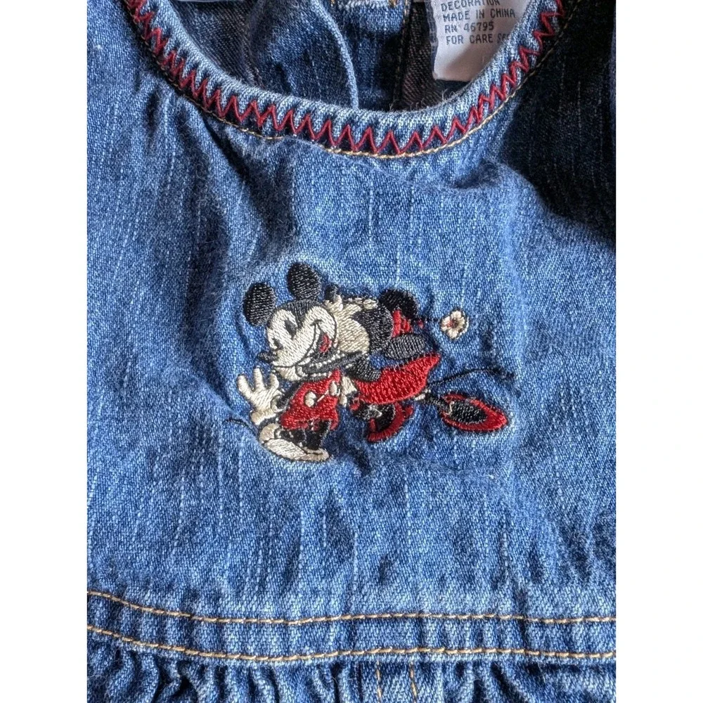 Vintage 90s Minnie Mouse Denim Overall Dress 18 Months Embroidered Mickey Kiss